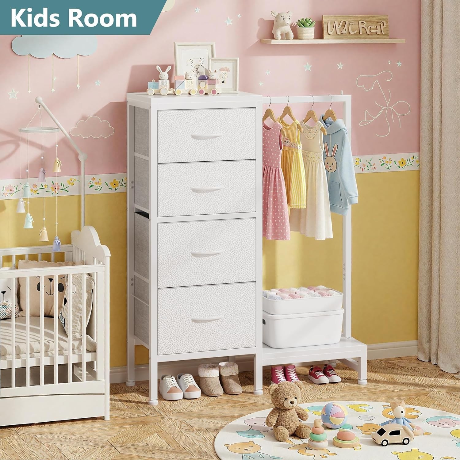 44in Tall Dresser with Hanging Rack 4 Drawers Storage Tower White