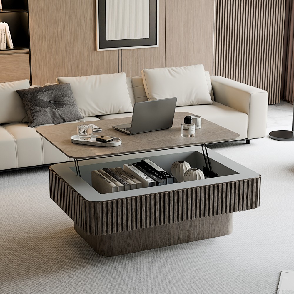 38.6” Fluted Lift-top Coffee Table Solid Wood Veneered Modern Coffee