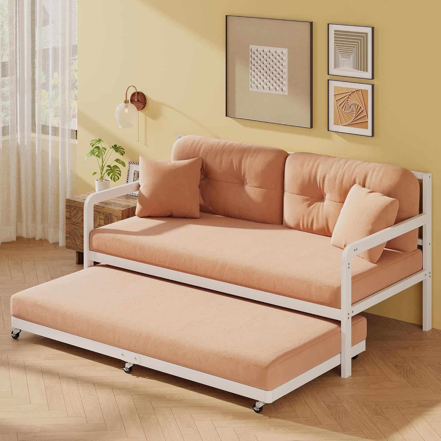 Trundle Bed Twin with 6 Lockable Casters, Roll Out Twin Trundle Bed Frame with