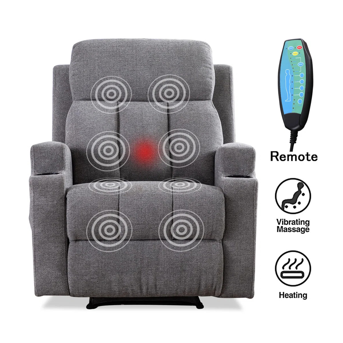 Canmov Soft Fabric Manual Recliner Chair with Massage & Heat, with 2 Cup Holders