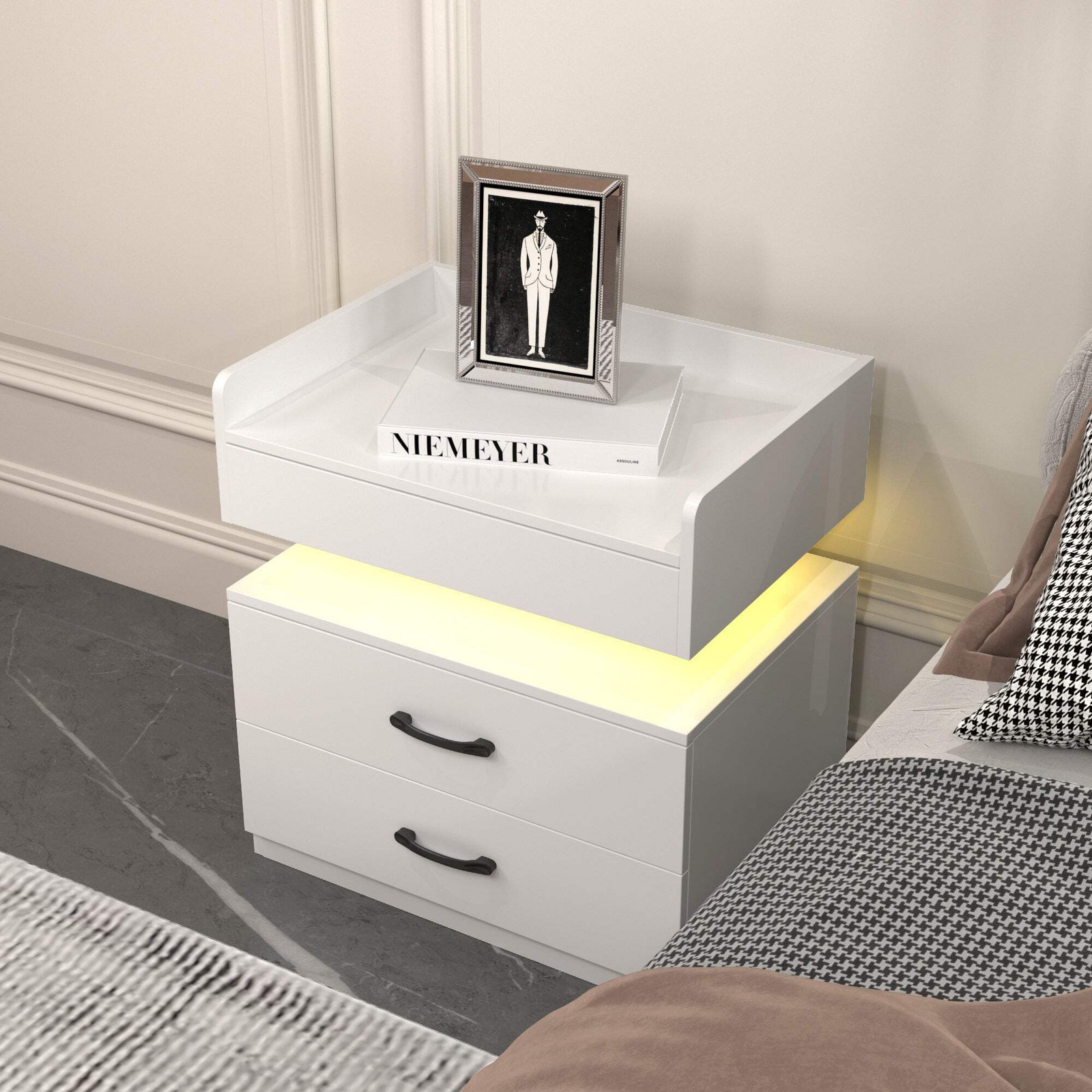 Homy Casa 20.7in White Nightstand 2 Drawer Bedside Table with LED Light MDF
