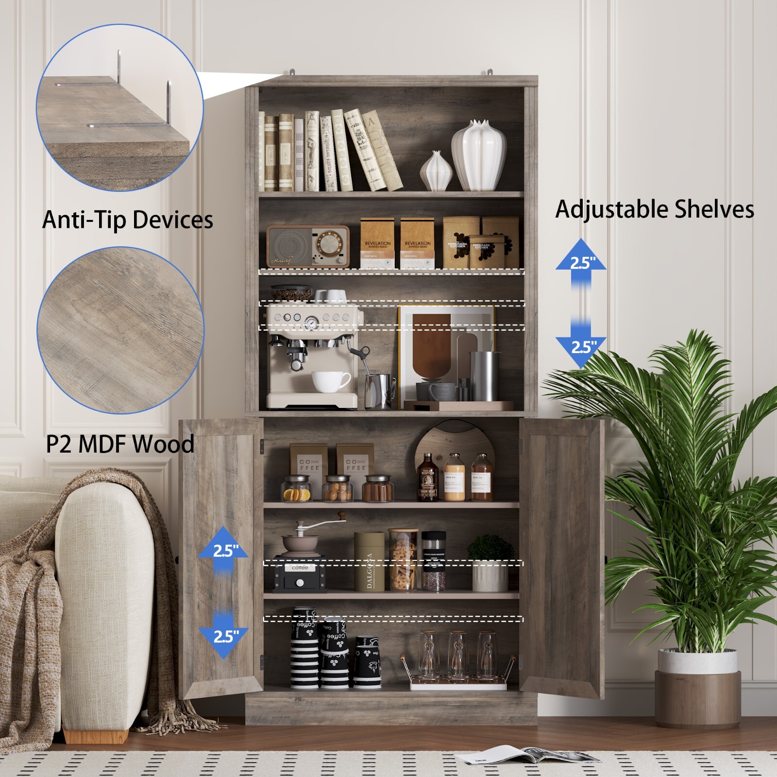 Bookshelves Bookcases with Doors Floor Standing 6 Tier Display Storage Shelf