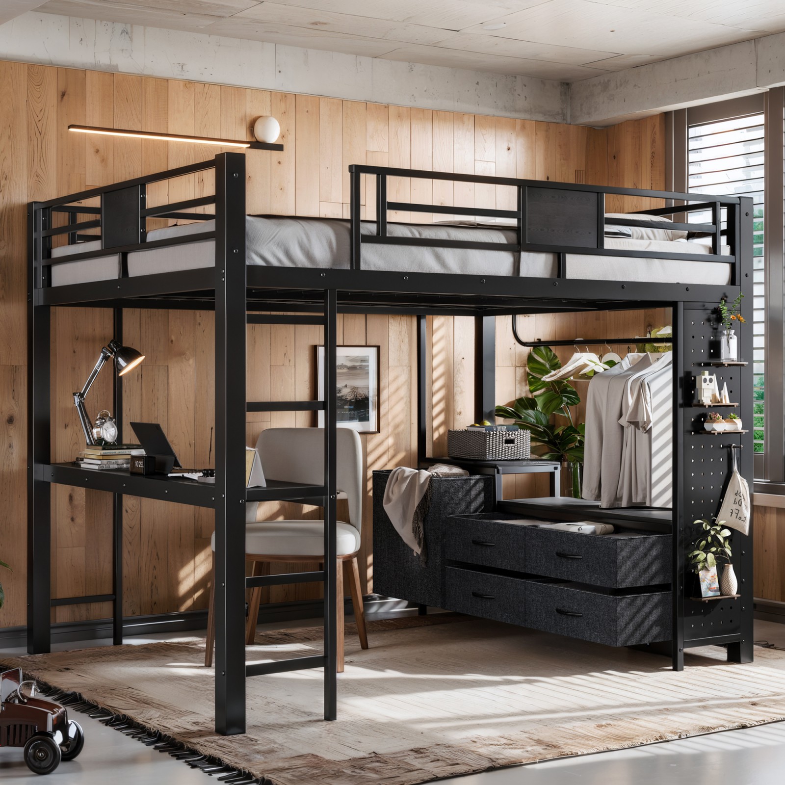 Queen Loft Bed with Desk, Shelves & Storage, Black Metal Frame