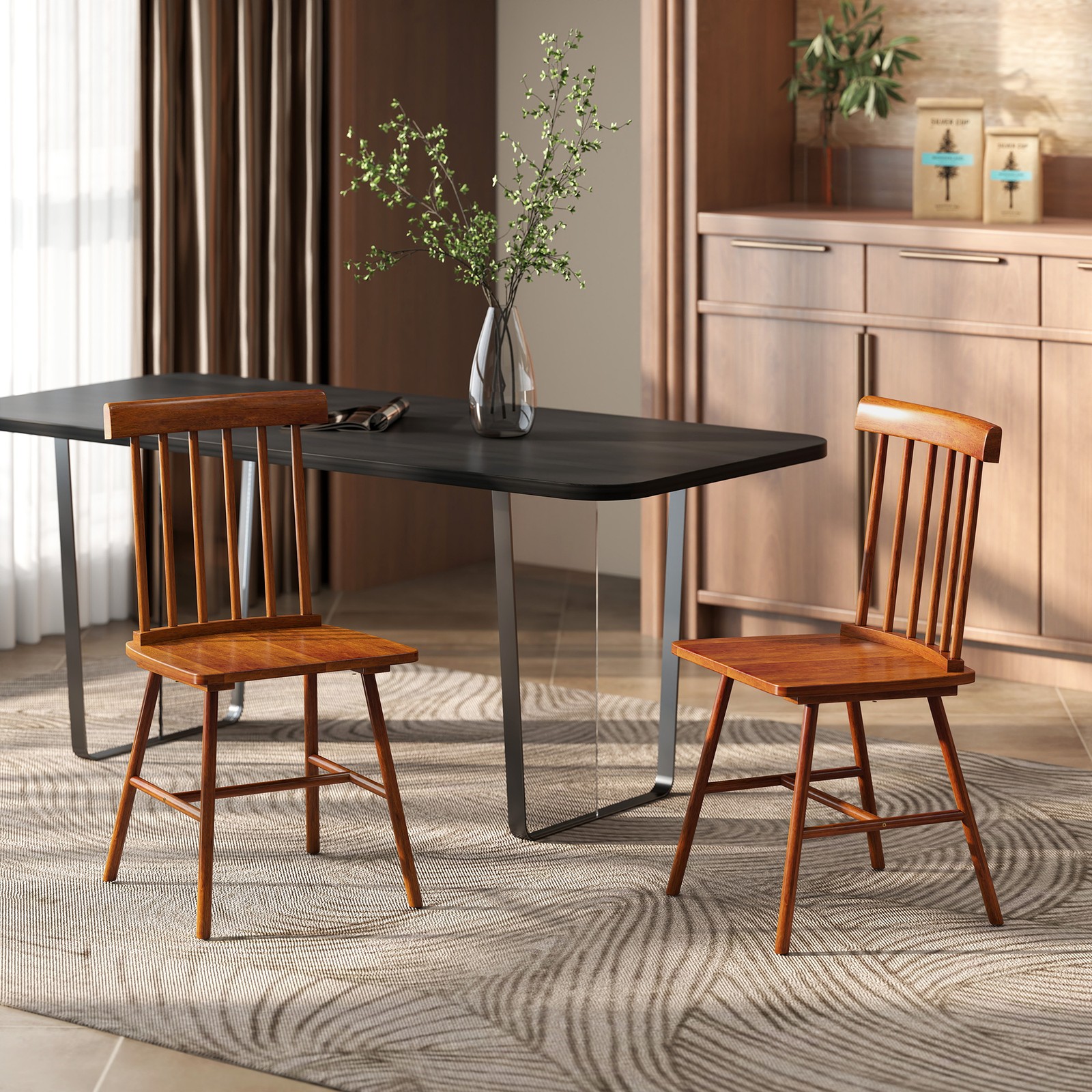 HOMCOM Farmhouse Dining Chairs Set of 2, Rubberwood Kitchen Chairs, Brown,Used