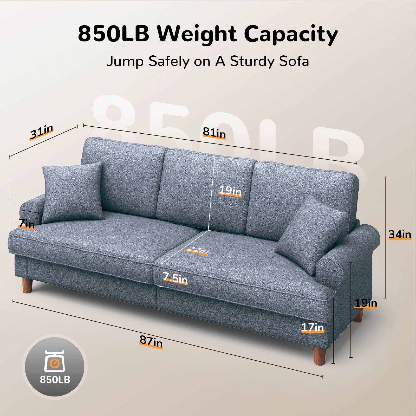 87″ Sofa Couch Comfy Extra Deep Seat 3 Seater Couch Living Room Soft Grey