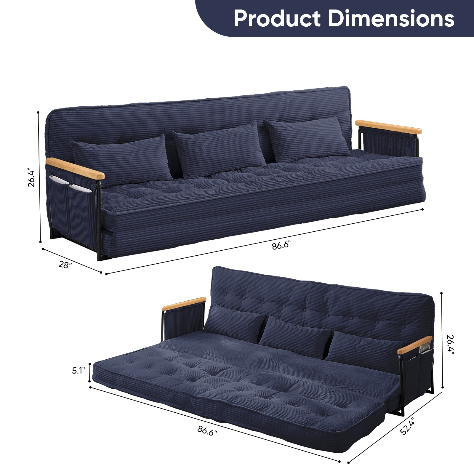 Zafly 3 Seater Convertible Fold Out Sofa Bed with Side Pockets for Living Room