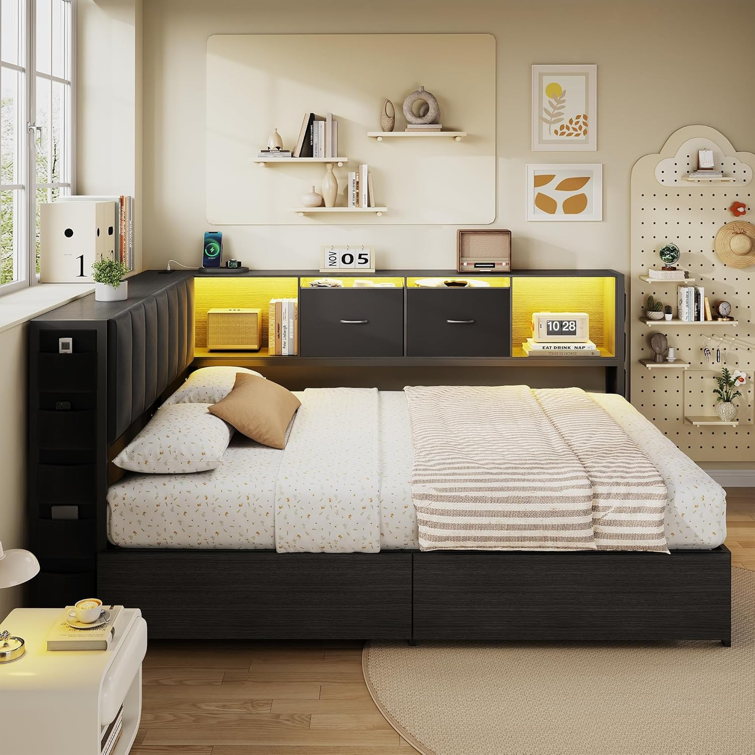 Full Corner Bed Frame with Upholstered Storage Headboard and Drawers, Metal Plat