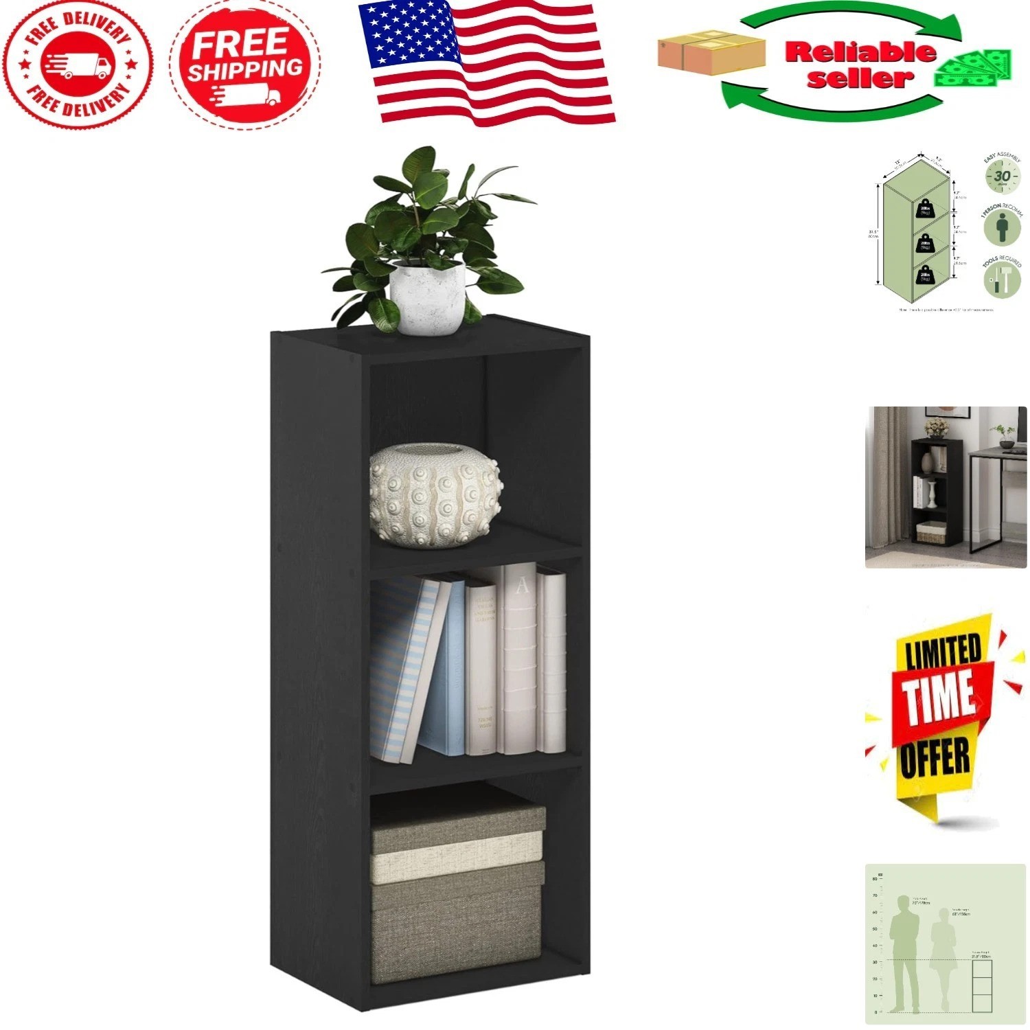 Elegant 3-Cube Blackwood Bookshelf – Modern Open Shelves for Stylish Storage