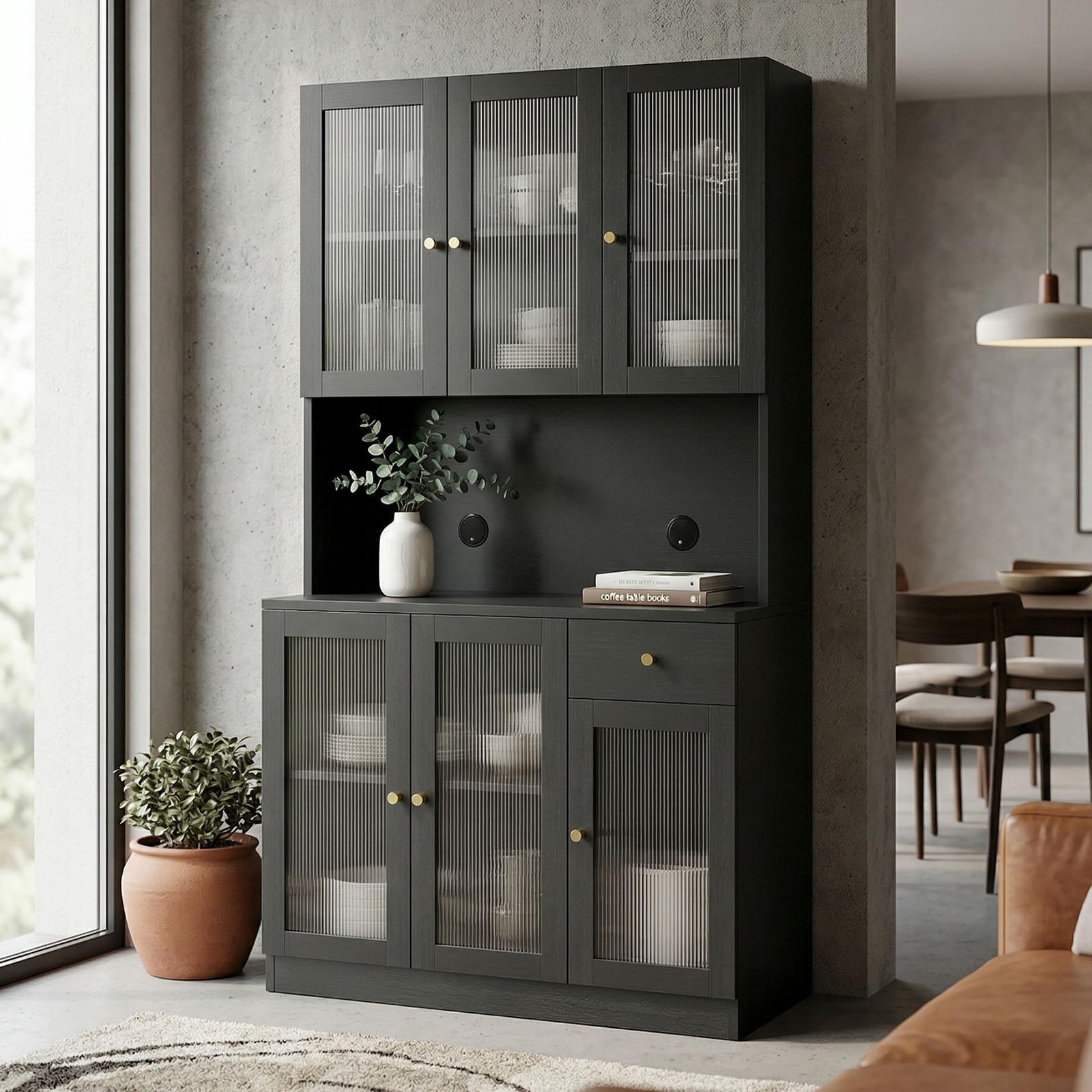 70.9Inch Black Tall Storage Cabinet Multi Compartment Reeded Glass Tall Cupboard