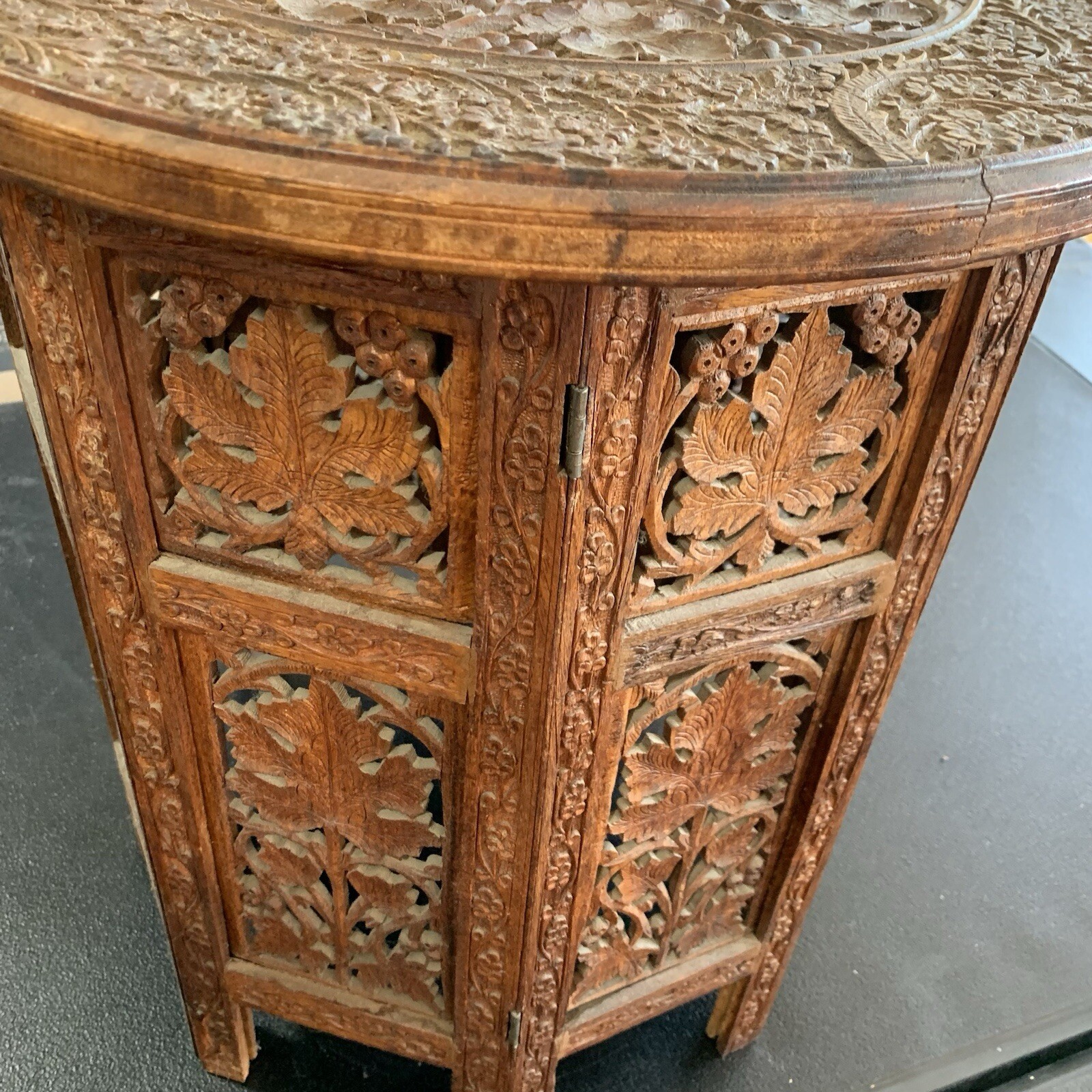 Vintage Artisan Carved Octagonal Folding Teak Side Table Inlay Anglo Indian