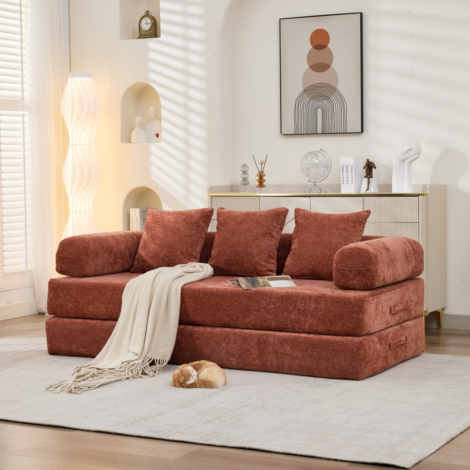 Modern Convertible Floor Sofa Bed Folding Mattress Couch w/ Armrests & Pillows