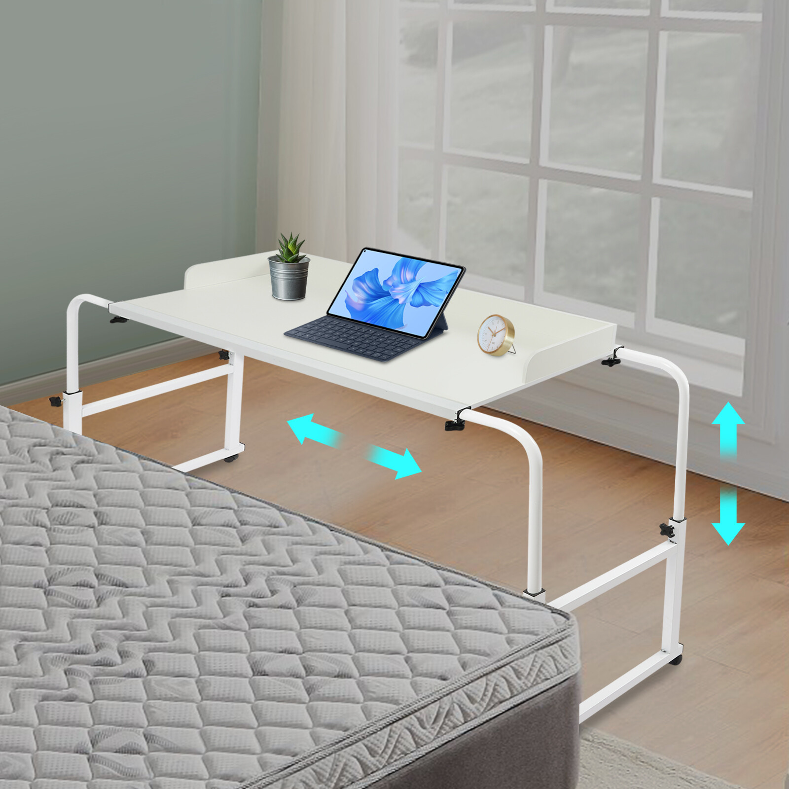 47.2*15.7in Overbed Table Height Adjustable Over Bed Desk with 4 Wheels White US