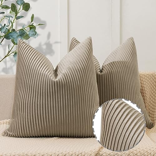 Pillow Covers 24×24 Set of 2 Velvet Striped 24″ x 24″ (Pack of 2) Khaki