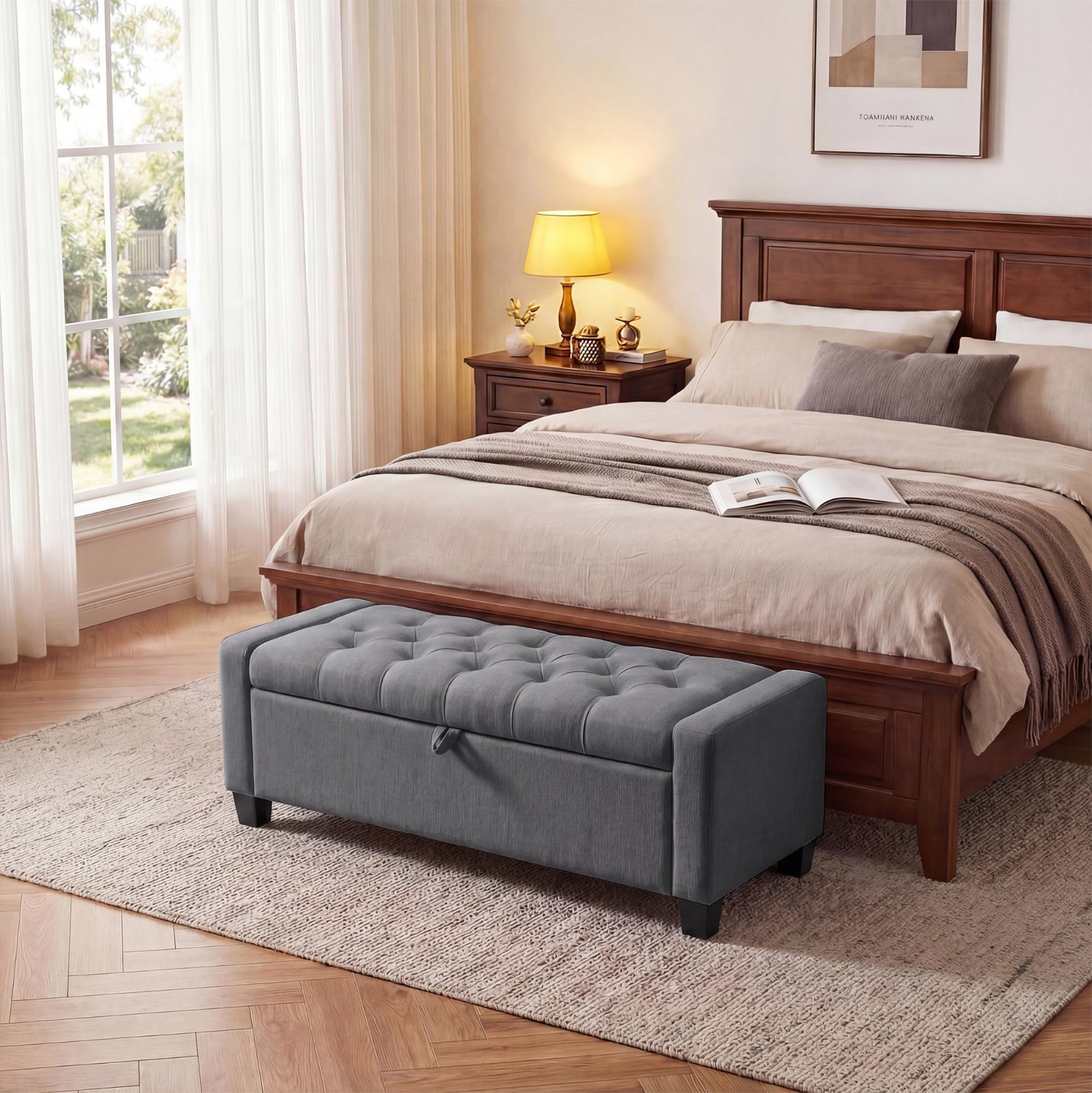 51″ Storage Ottoman Bench, Upholstered End of Bed Bench for Bedroom Gray