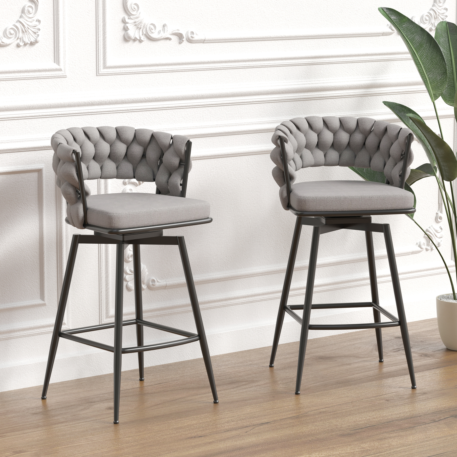 2Set Linen Fabric Swivel Bar Stools Kitchen Counter Pub Chairs 35.9″ Seat Height