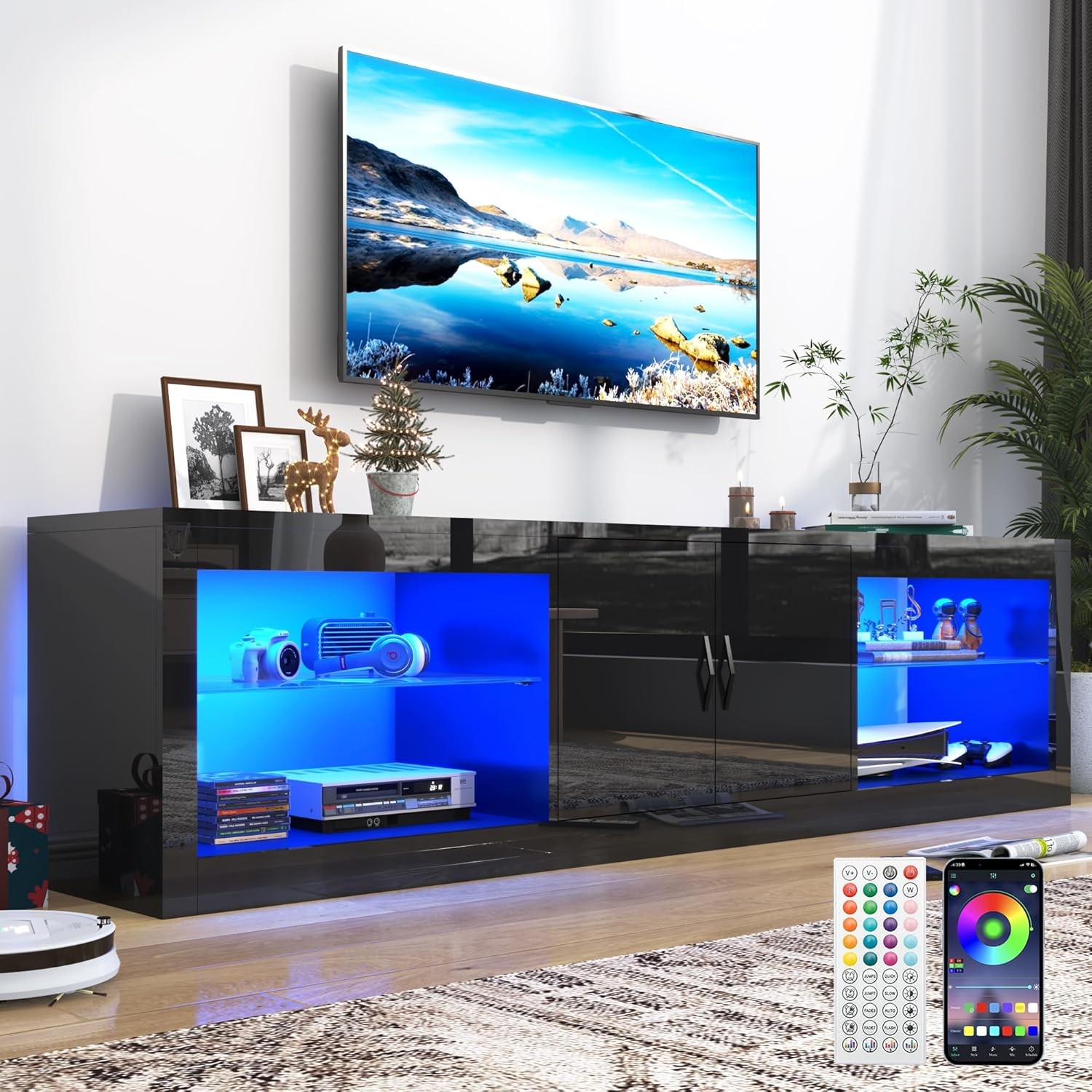 70 Inch Led TV Stand for 80/75 Inch TV, Modern Black Entertainment Center with