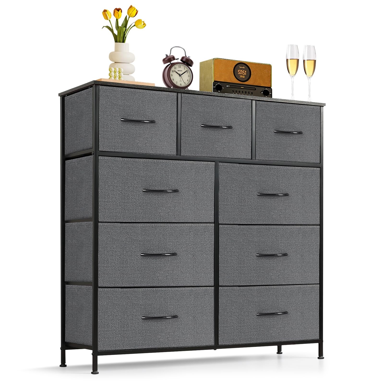 Tall Gray 9Drawer Fabric Dresser AntiTip Chest w/ Wood Top, Metal Frame