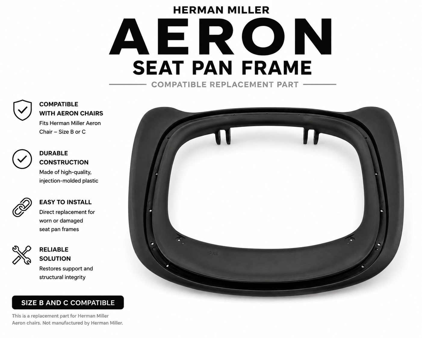Seat Pan Frame for Herman Miller Aeron Classic Size B & C Black
