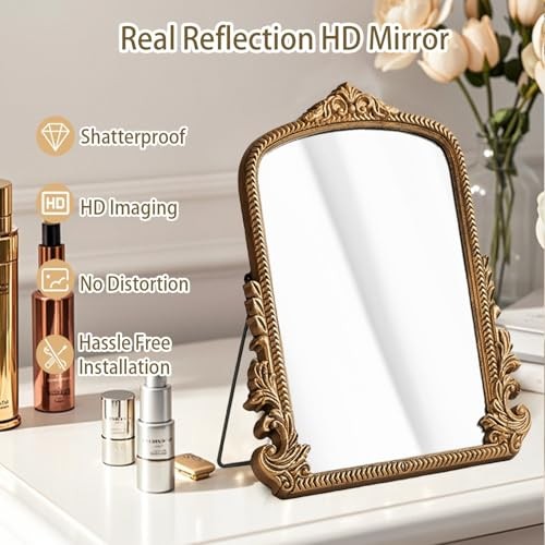 Small Vintage Vanity Makeup Desk Mirror, Antique Traditional Arch Antique Gold