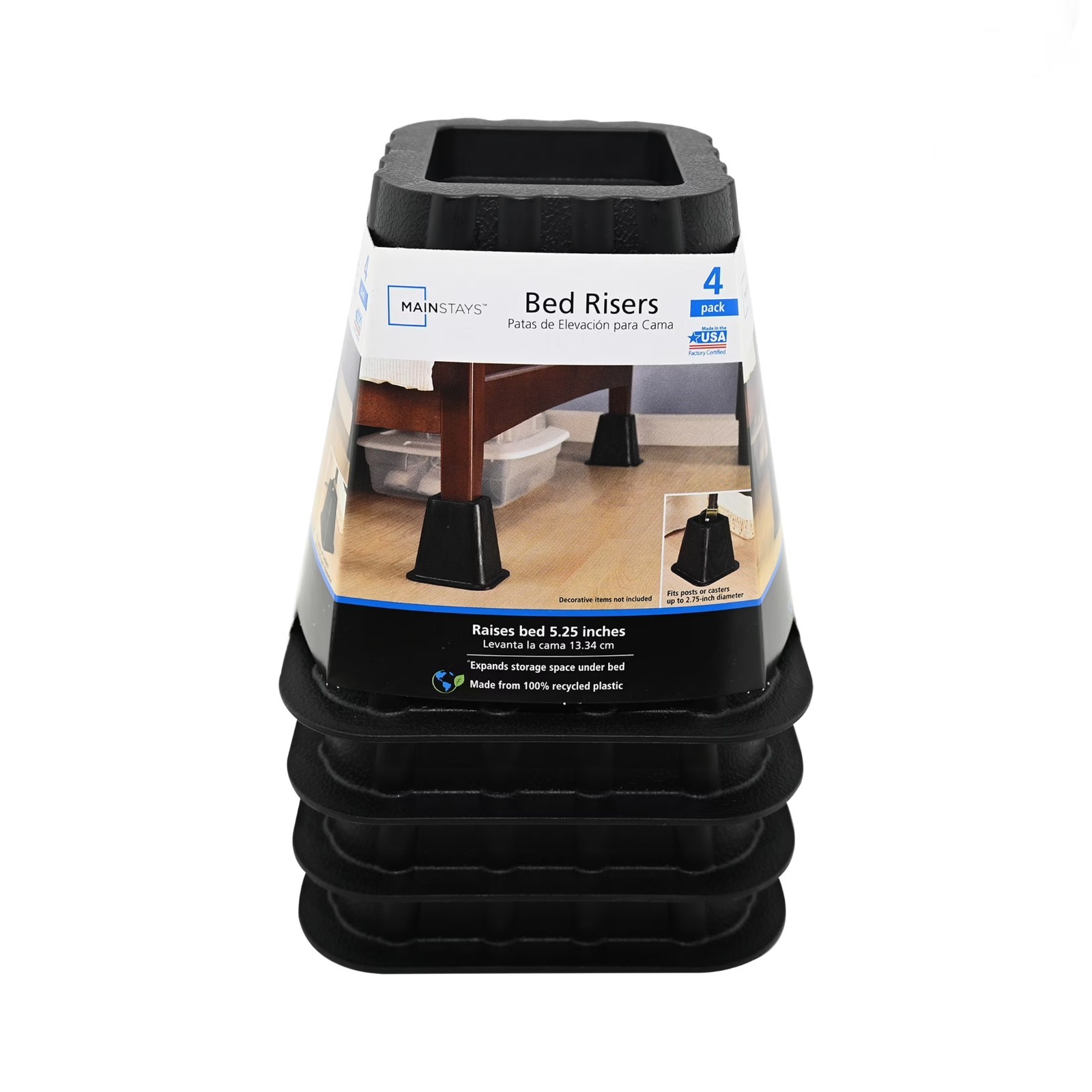 Mainstays Black Plastic Bed Risers, 4-Pack, Raises Bed for Storage
