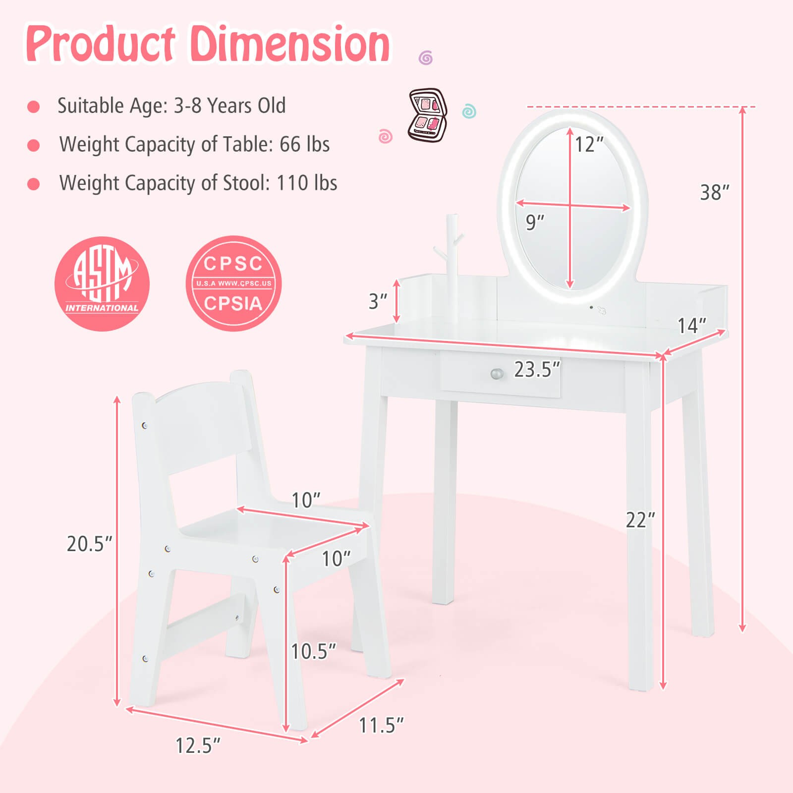 Kids Vanity Table w/Lighted Mirror & Chair 2-Color LED Lighting Drawer for Girls