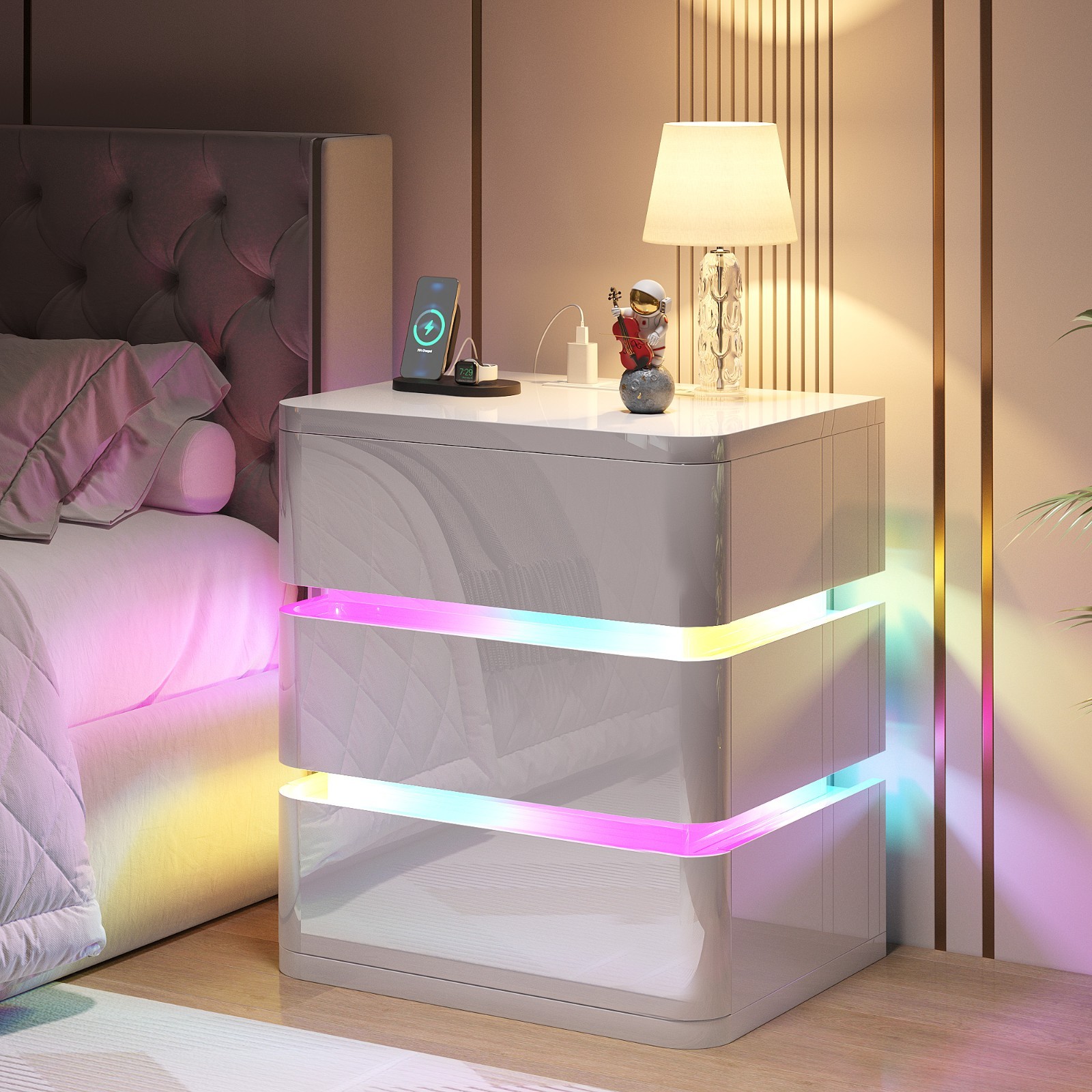 Nightstand with Charging Station, Fully Assembled Bedside Table with RGB Lights
