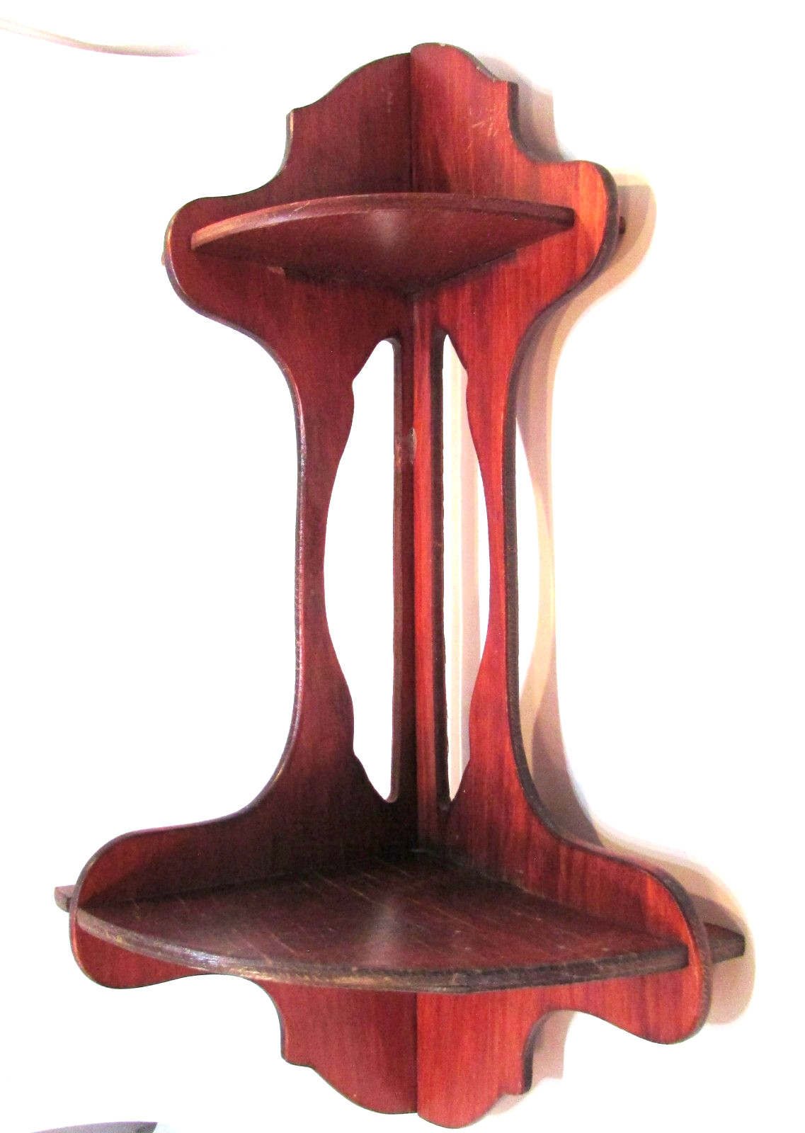 Old 1940s Handmade Cherry Stained Laminated Wood 16.5″ Tall Corner Curio Shelf