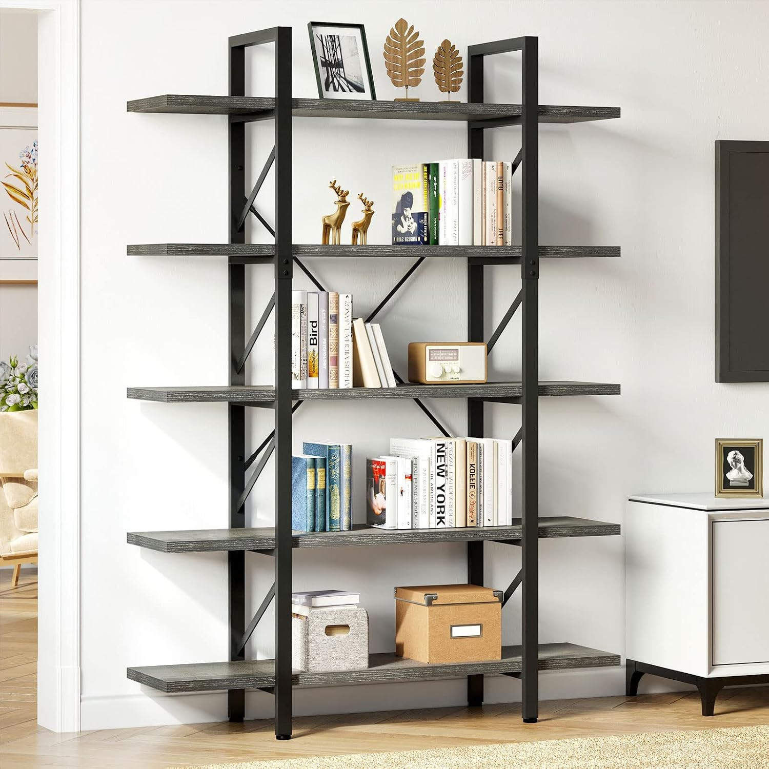 5 Tier Bookshelf, 70.9″ Tall Industrial Bookcase, Wide Open Display Storage Book
