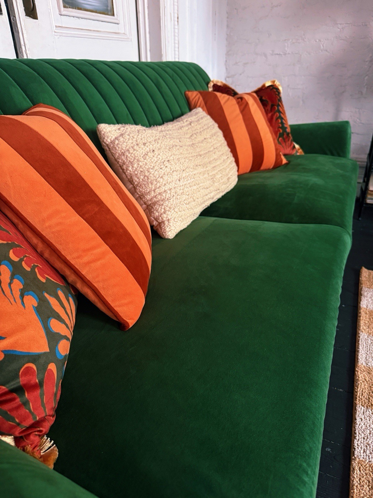 Green Velvet Contemporary Sofa with Gold Base, Removable Cushions, Seats 3