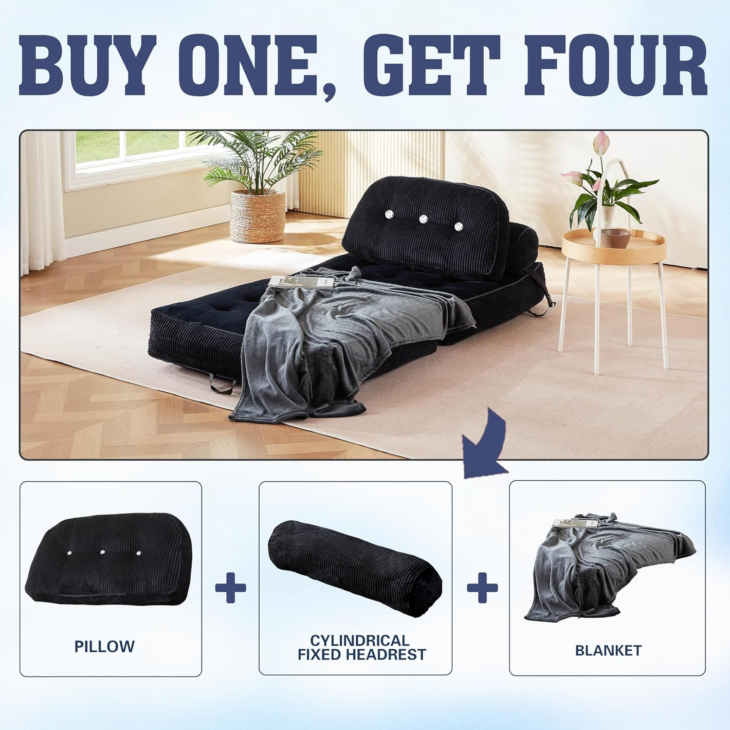 Folding Sofa Bed, Flannel Futon Couch Bed with Pillow and Blanket, Convertible S
