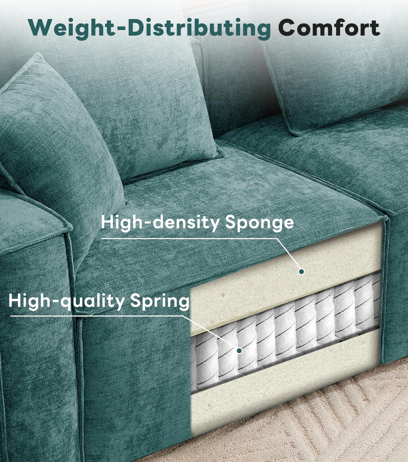 78in Green Chenille Cloud Modular Sectional Sofa Wide Armrests 4Pillows