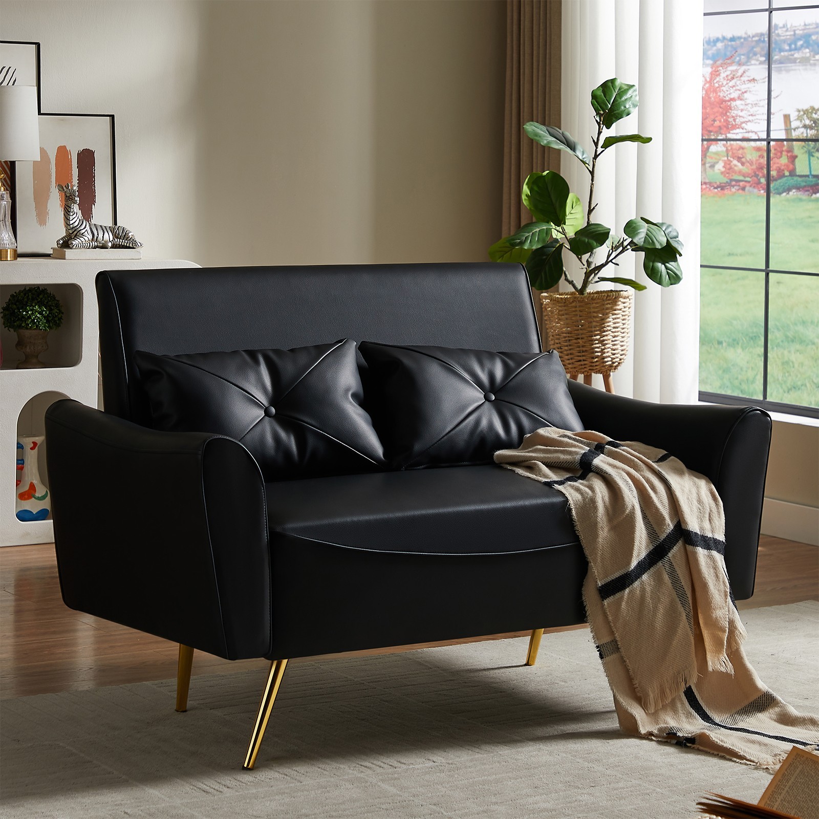 Brelice 48″ Faux Leather Loveseat 2 Seater Small Couch Gold Metal Legs 2 Pillows