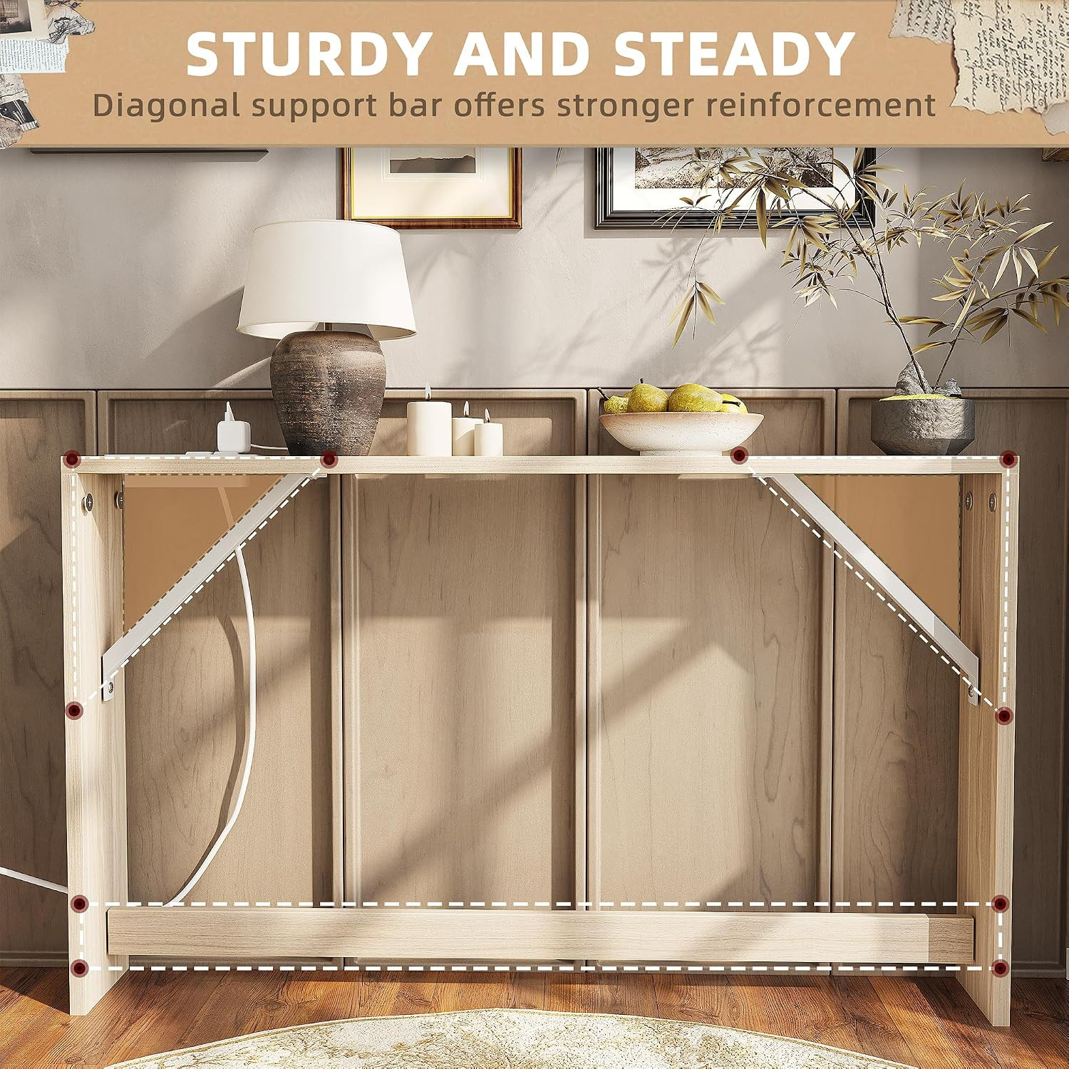 Light Walnut Narrow Console Table Set with Power Outlet, 94” for Living Room