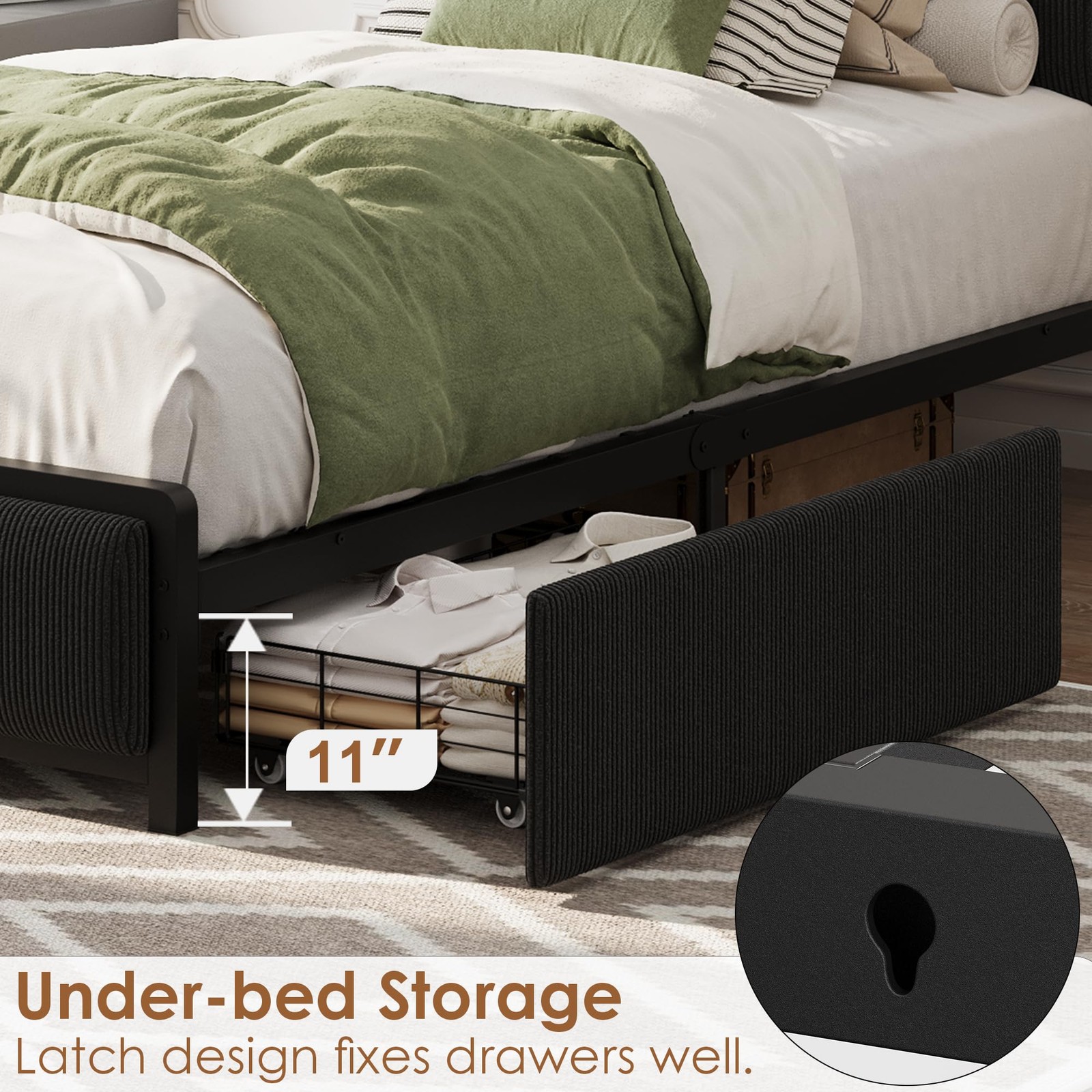 Twin Size Upholstered Platform Bed Frame w/Charging & Storage Headboard &Drawers