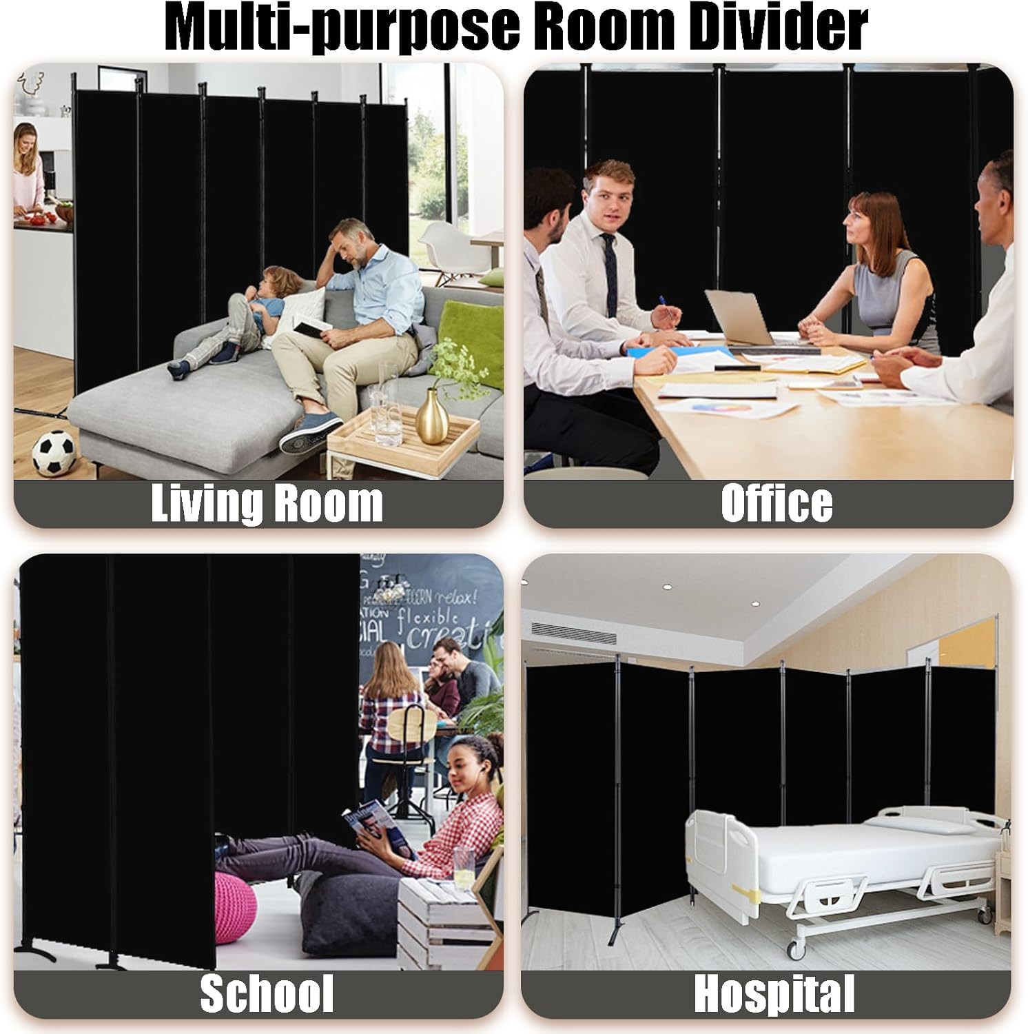 Black 6-Panel Folding Room Divider – 6 Ft Privacy Screen for Home & Office