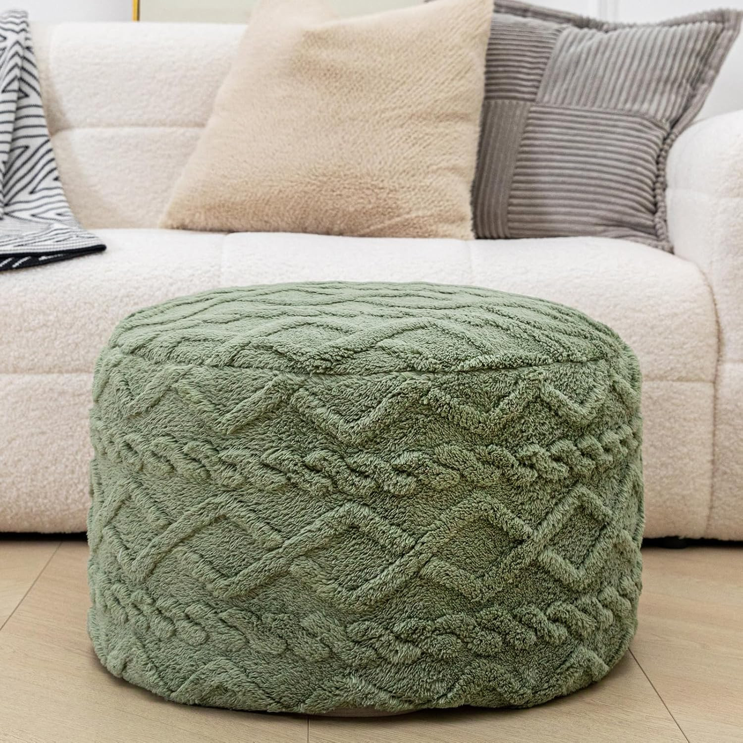 Sage Green Round Pouf Ottoman – Foam Foot Rest & Floor Seat, 20×12 In