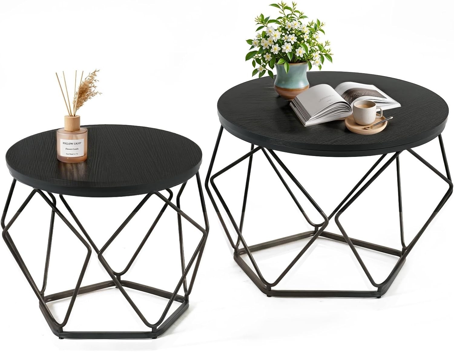 Set of 2 Modern Round Coffee Tables,Geometric Design,Cafe Livingroom End Tables