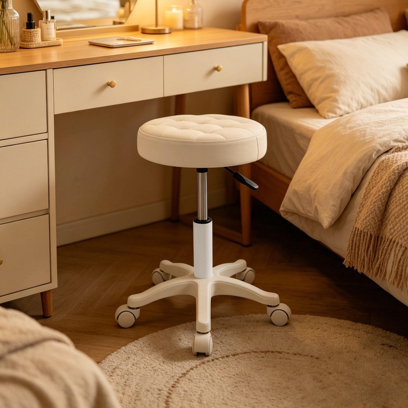 39-54cm Height Adjustable Bar Stool,Off-white Rolling Stool,250lbs Salon Stool