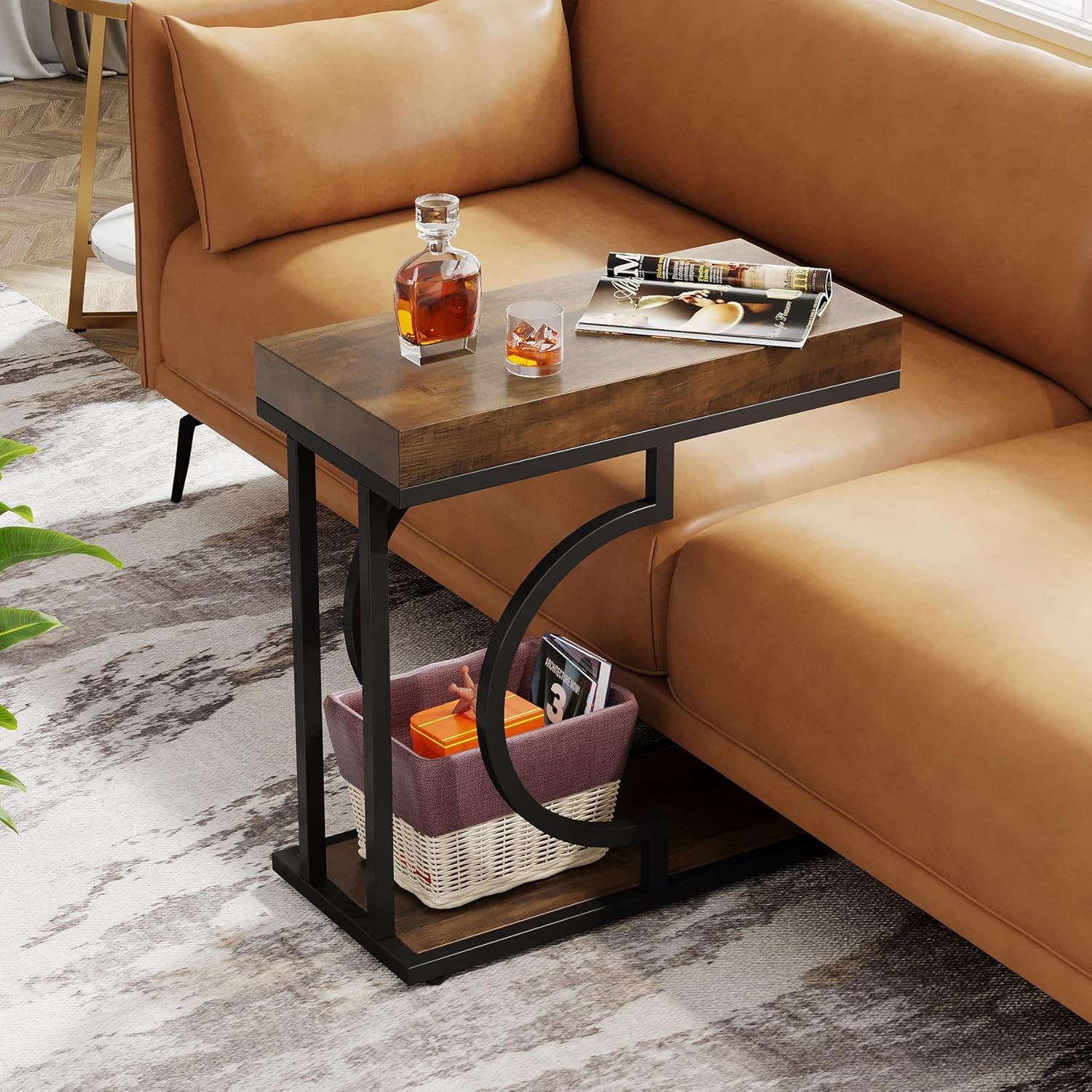Modern C-Shaped End Table, Narrow Side Table with Metal Frame for Living Room