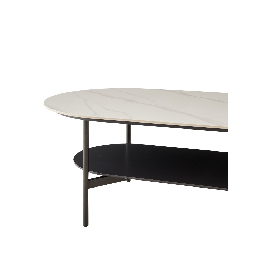 White Ceramic Coffee Table, MDF Painted Double Layer, Brown Bottom Shelf