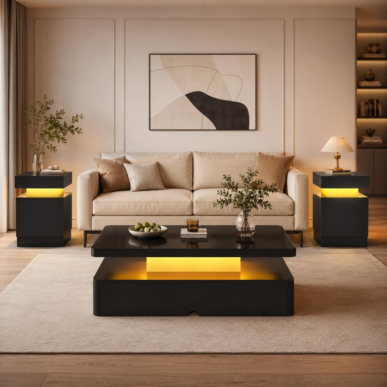 Modern 3-Piece LED Coffee Table Set with Storage – Black High Gloss Finish