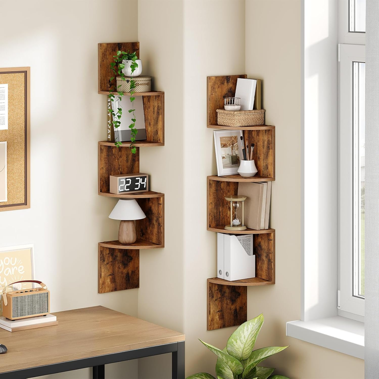Corner Wall Shelves, Set of 2 Floating 4‑Tier Shelves for Living Room & Bedroom