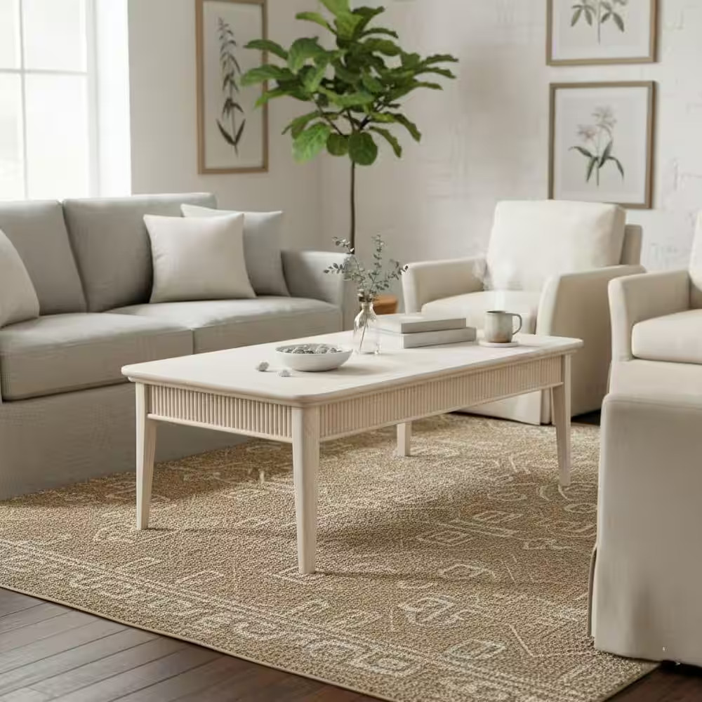 Haven 52 In. Unfinished Rectangular Solid Wood Coffee Table with Fluted Edge