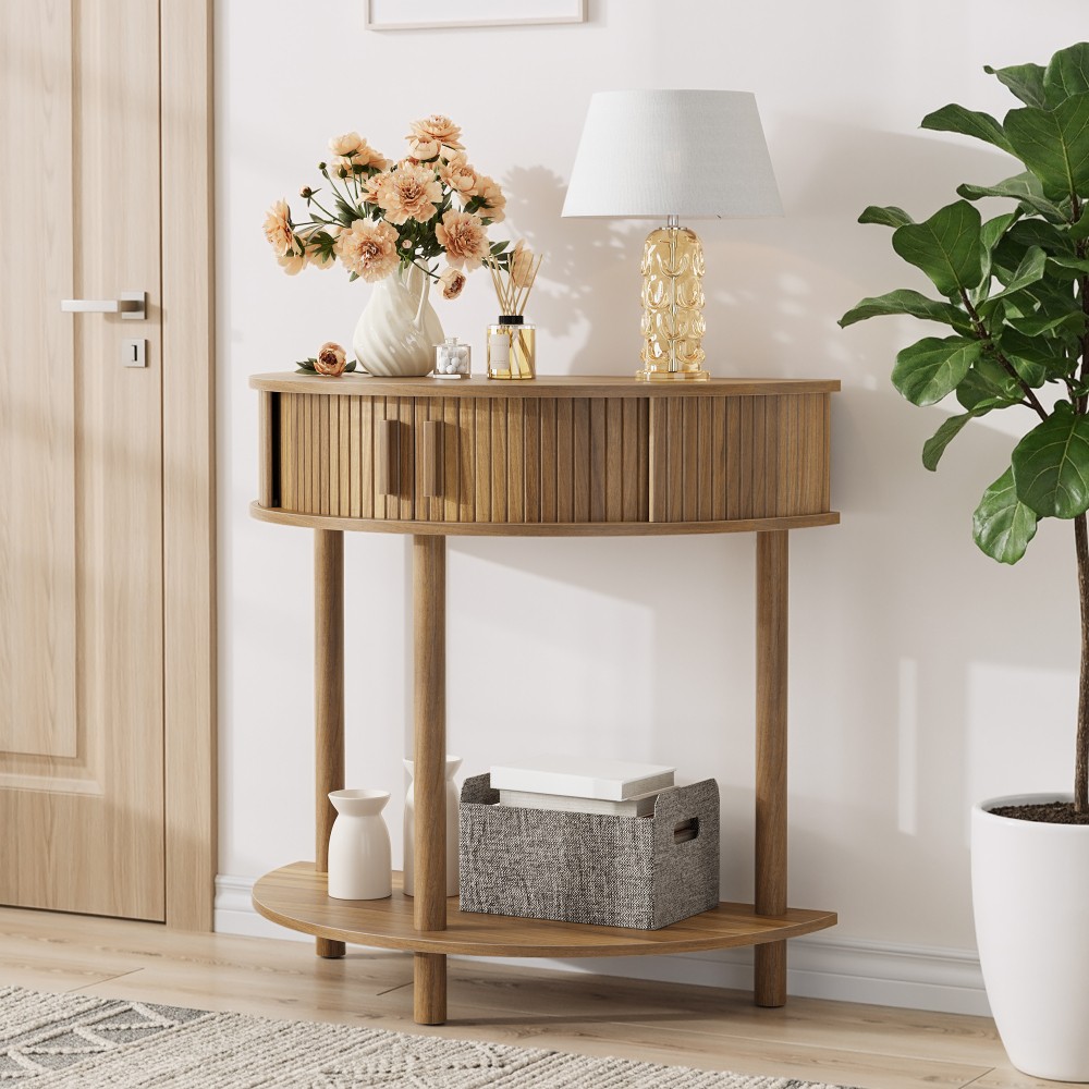 31.5 In Grooved Half-Moon Console Table Farmhouse Sofa Table Behind Couch