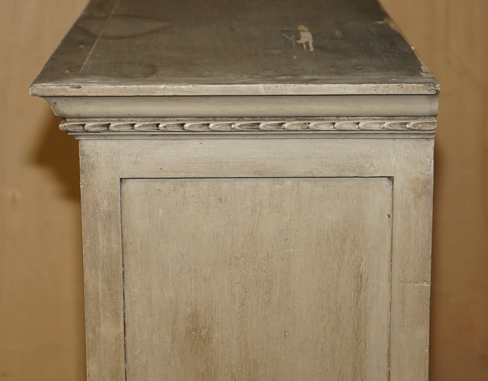 ANTIQUE JACOBEAN REVIVAL HAND CARVED ARMOIRE WARDROBE WITH GREY FRENCH PAINT
