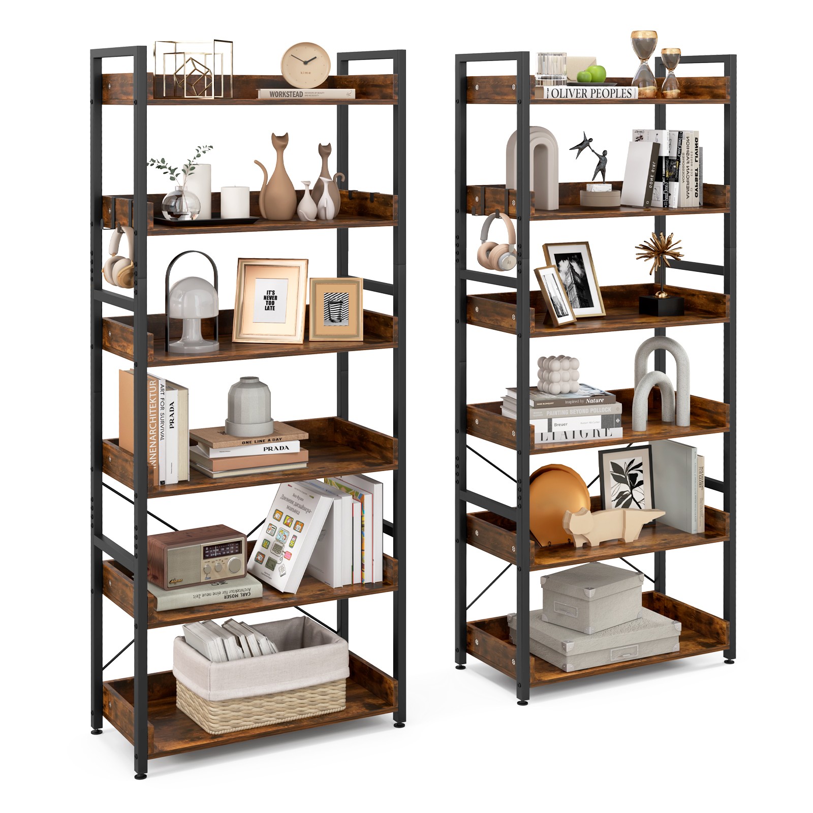 2 PCS 6-Tier Bookshelf Open Display Shelves Storage Rack Metal Frame w/ 4 Hooks