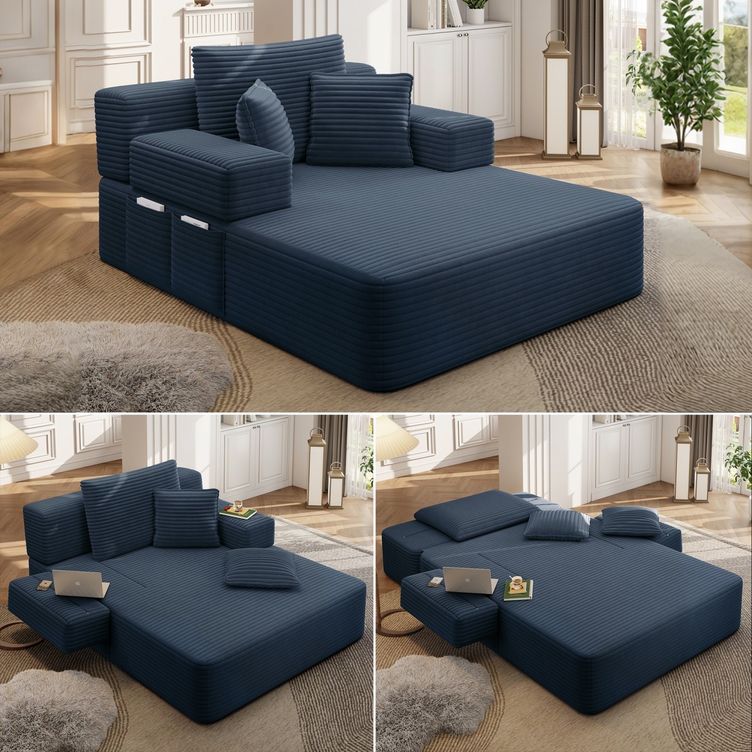 Modern Plush Corduroy Sofa Bed Chaise Lounge No Assembly Required with 3 Pillows