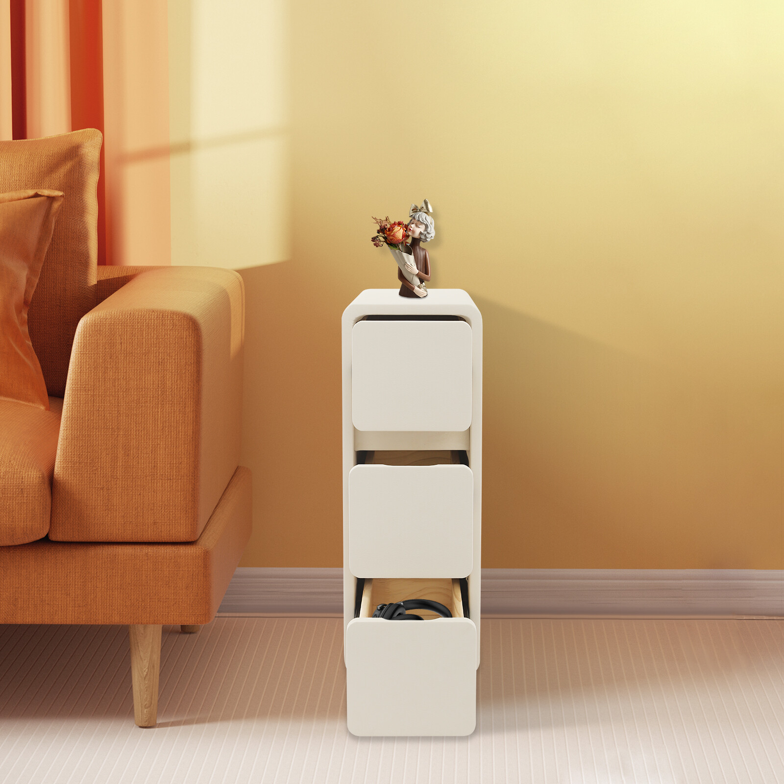 Bedside Cabinet With 3 Drawers,40*20*58 Cm Narrow Nightstand For Bedroom