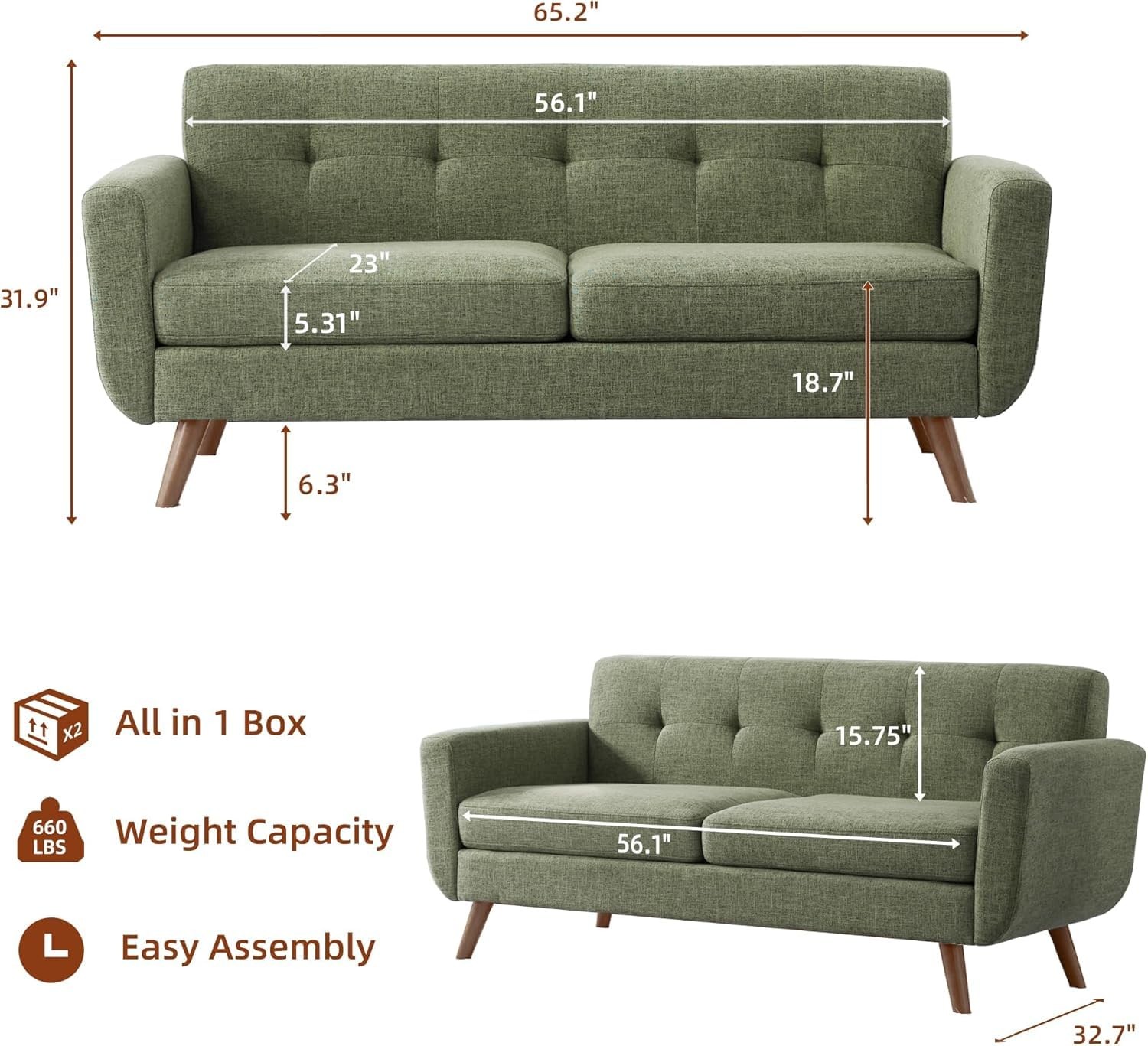 65 W Loveseat Sofa Mid Century Modern Button Tufted Upholstered Couch Green