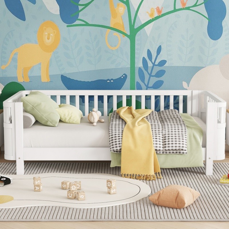 Twin Size Wood Platform Bed for Kids,Wood Low Profile Bed Frame with Rails White